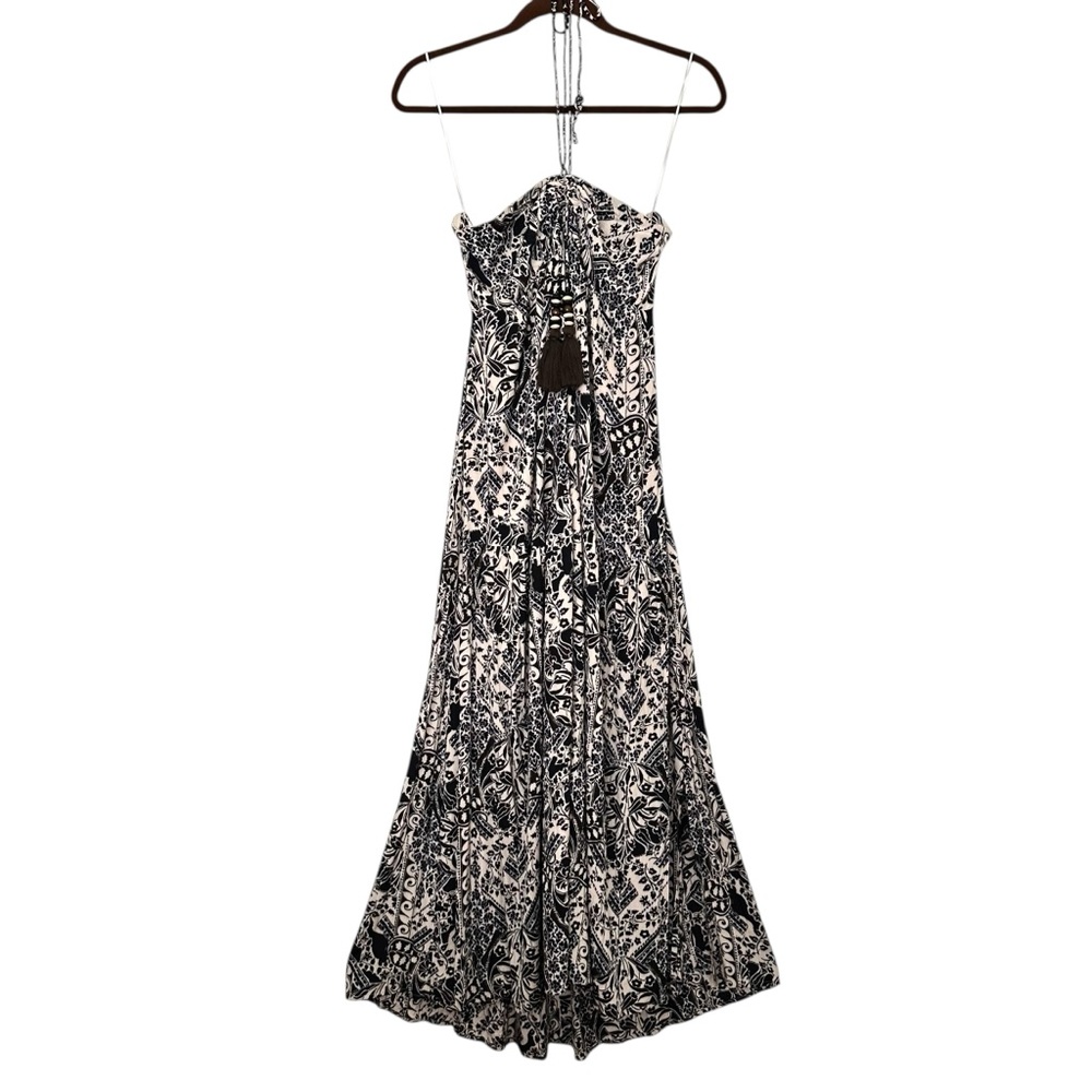 VICI Boho Halter Maxi Dress Babydoll Black Cream Floral Resort Wear Beachy S‎